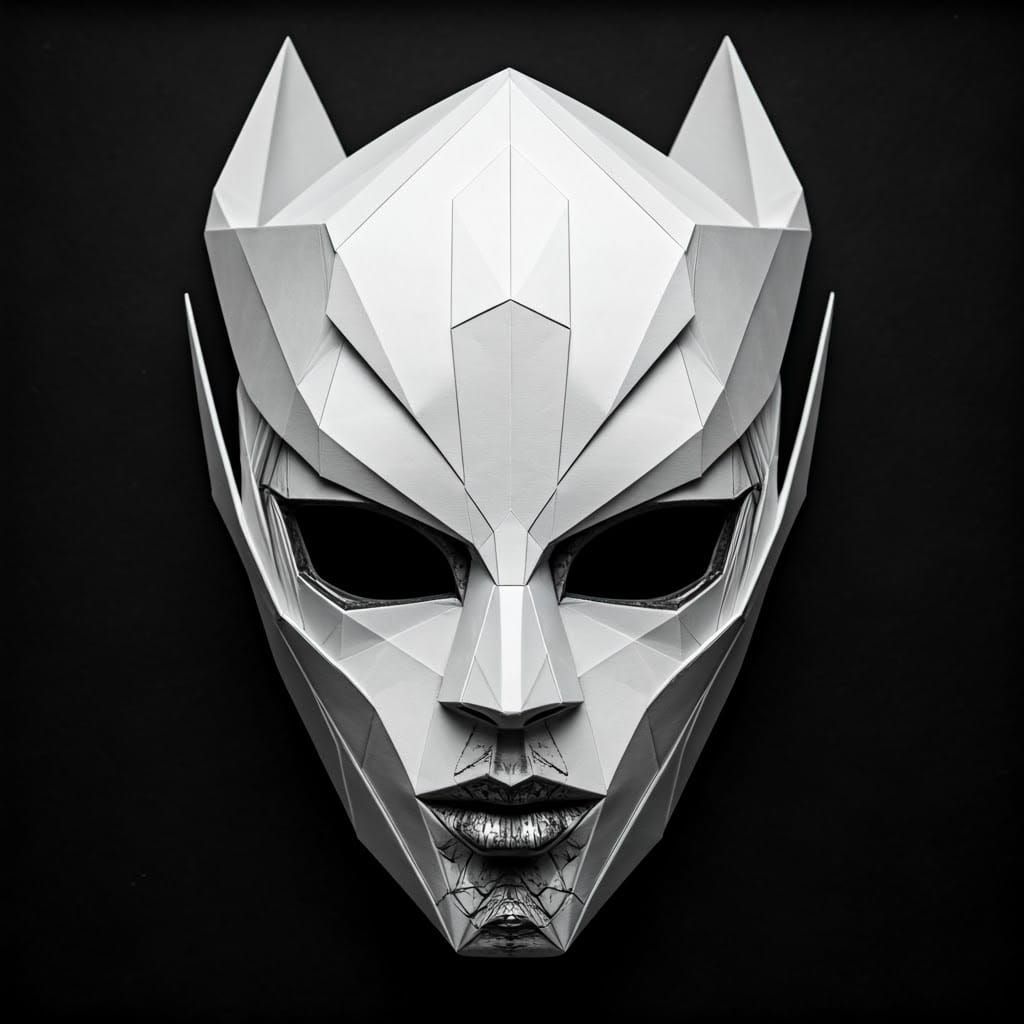 White Origami Mask that has a dark Black Ink Design sharp colored in