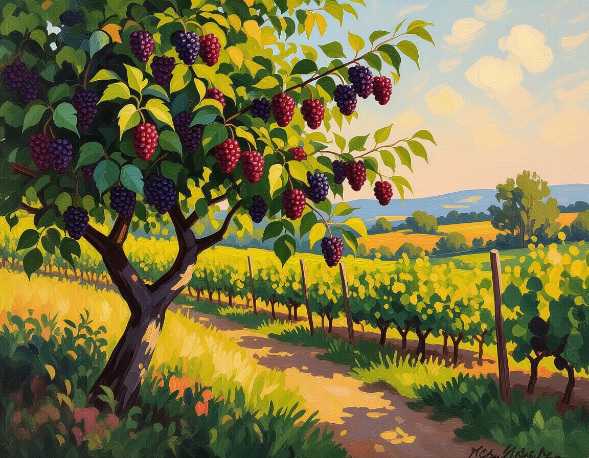 Impressionist Oil Painting of a Mulberry Tree in Golden Hour...