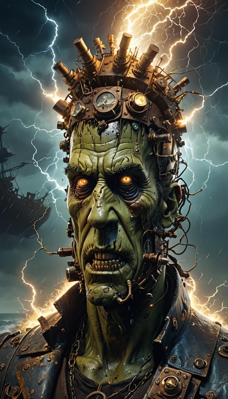 Shipwreck with Steampunk Frankenstein monster head and shoul...