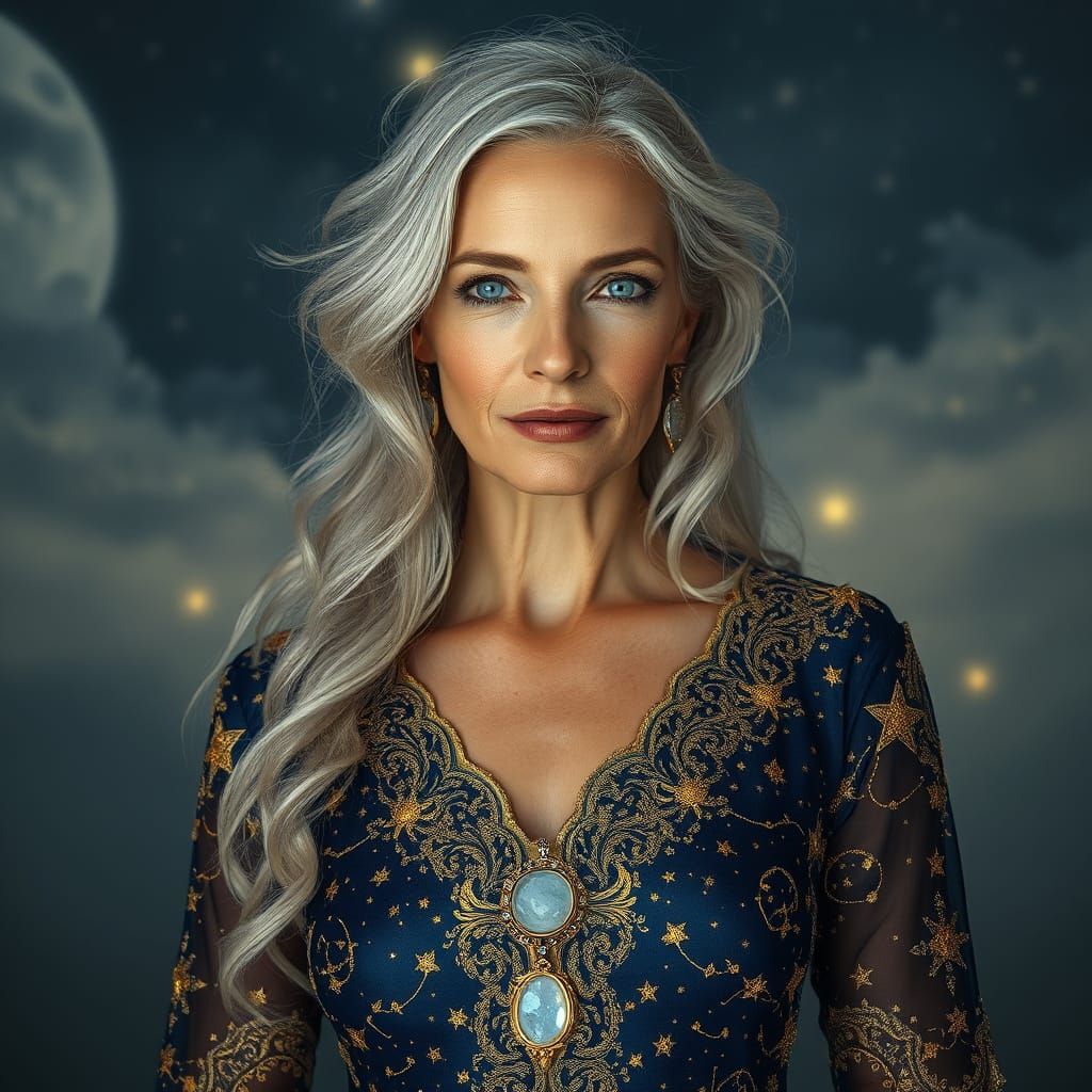 Ethereal Goddess in Celestial Gown with Shimmering Constella...