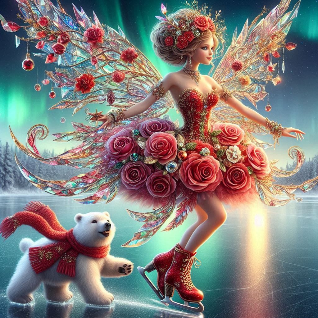The Ice Rose fairy skating with a Polar Bear
