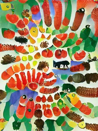 Fruits of every kind and colour, Eric Carle art style