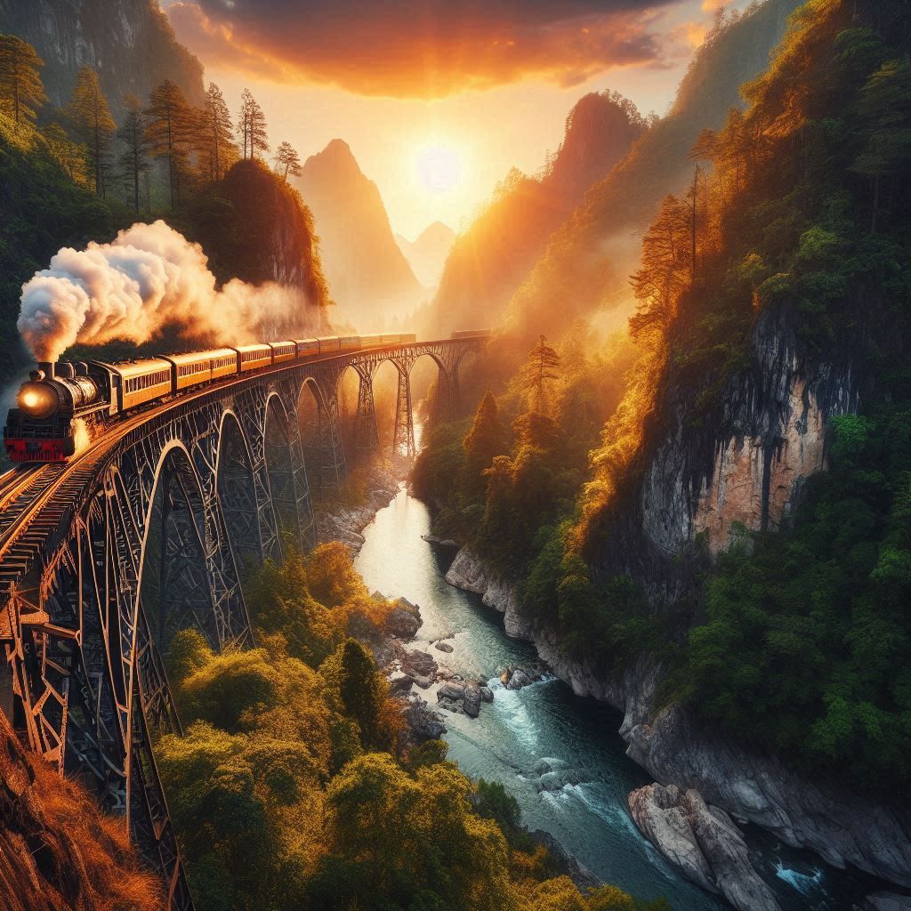 Steam train on a cliff