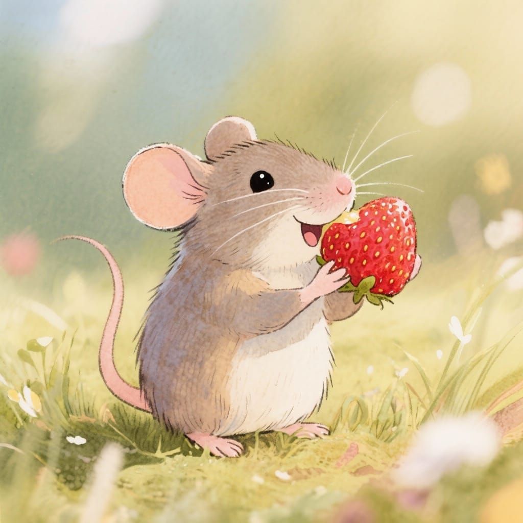 Cute Mouse Delights in Eating a Strawberry