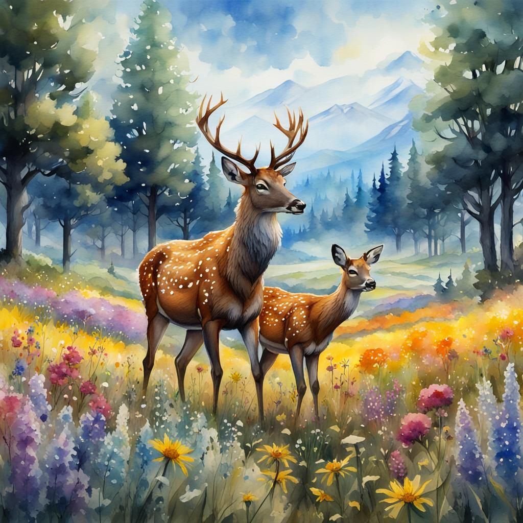 watercolor painting deer grazing in a wildflower field