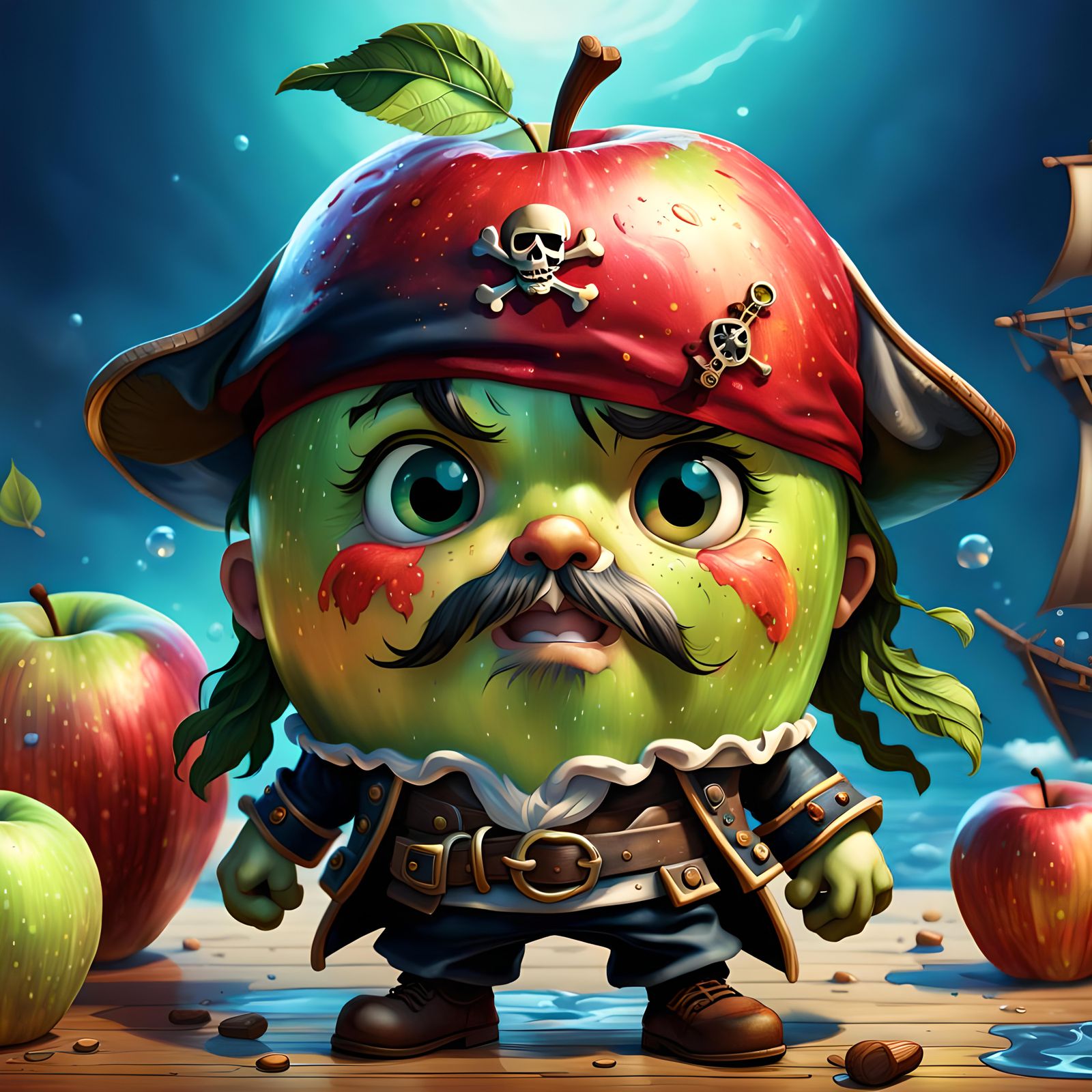 A cute apple dressed as a pirate. High resolution.   by @Irene