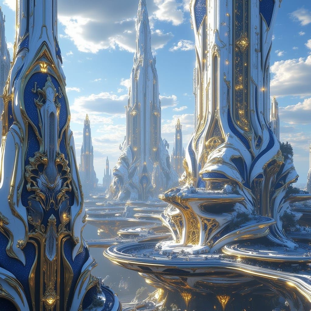 <lora:Vorthalune II:1.0> a futuristic cityscape  with towering, sleek skyscrapers that have intricate designs and appear to be made of metal...