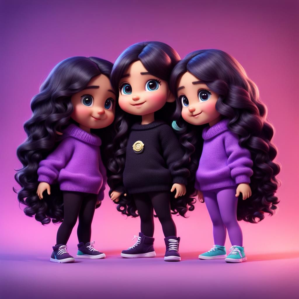 hyperrealistic cute chibi, long black curly hair, purple swe...