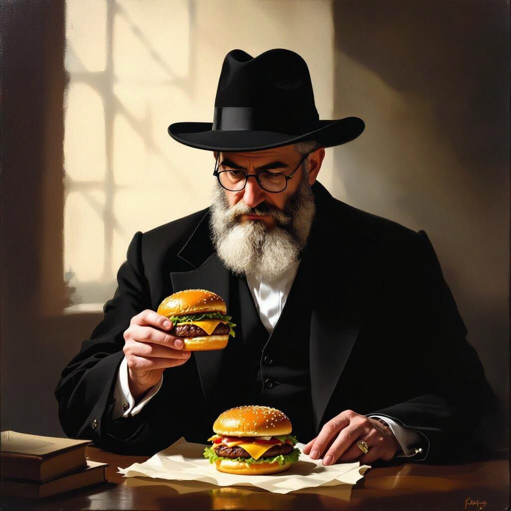 Rabbi Contemplates Cheeseburger in Dramatic Light