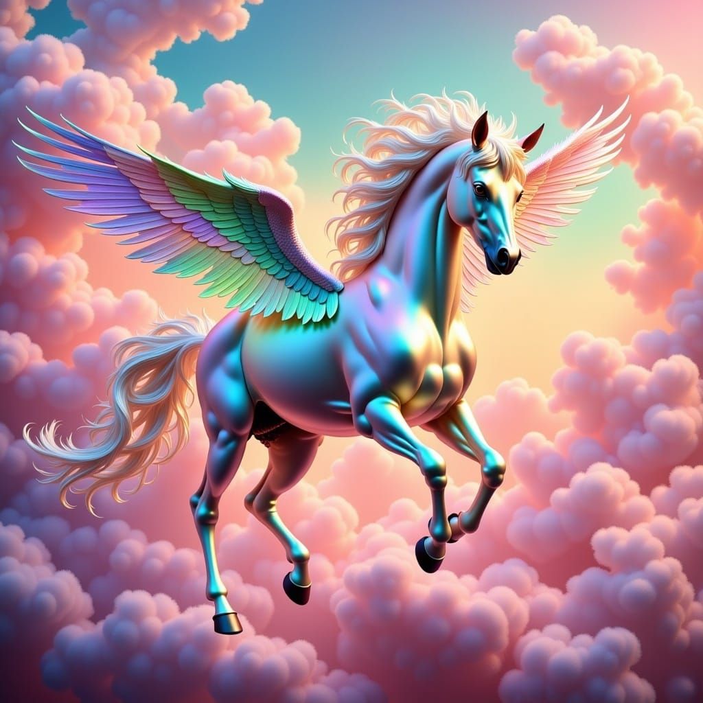 Pegasus with Rainbow Wings, Ethereal Pink Clouds by Phil Koch <lora:Iridescent Fantasy:1.0> 