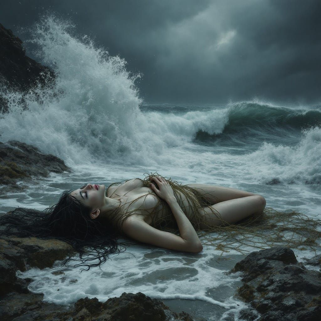 Mysterious Woman Trapped on Rocky Beach in Dramatic Seascape...
