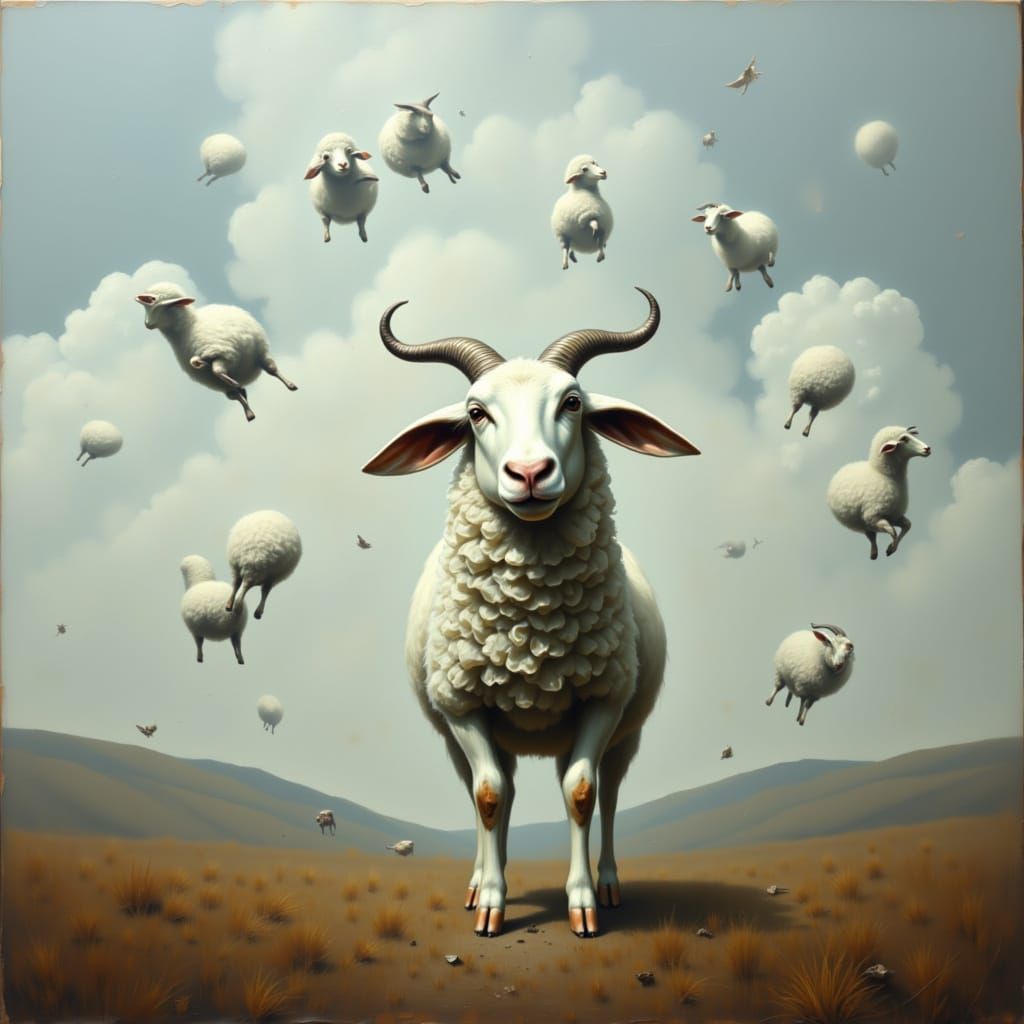 Several fluffy, sad sheep falling from the sky, in the style of contexture moody. <lora:Contexture Moody:1.0>