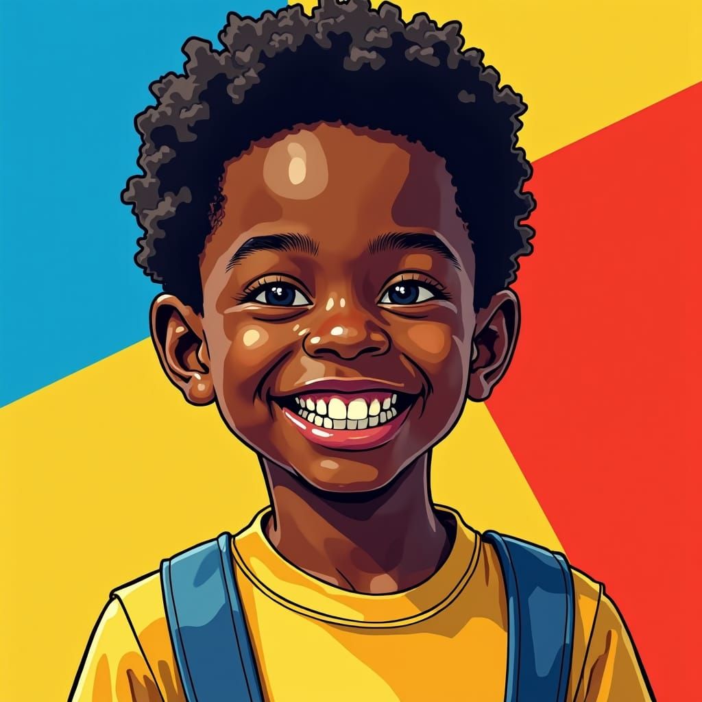 Joyful Black Boy Portrait in Pop Art Style