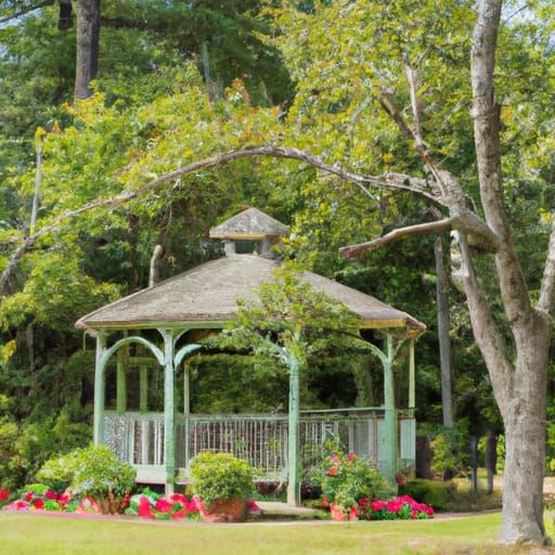 A gazebo in a park with trees.