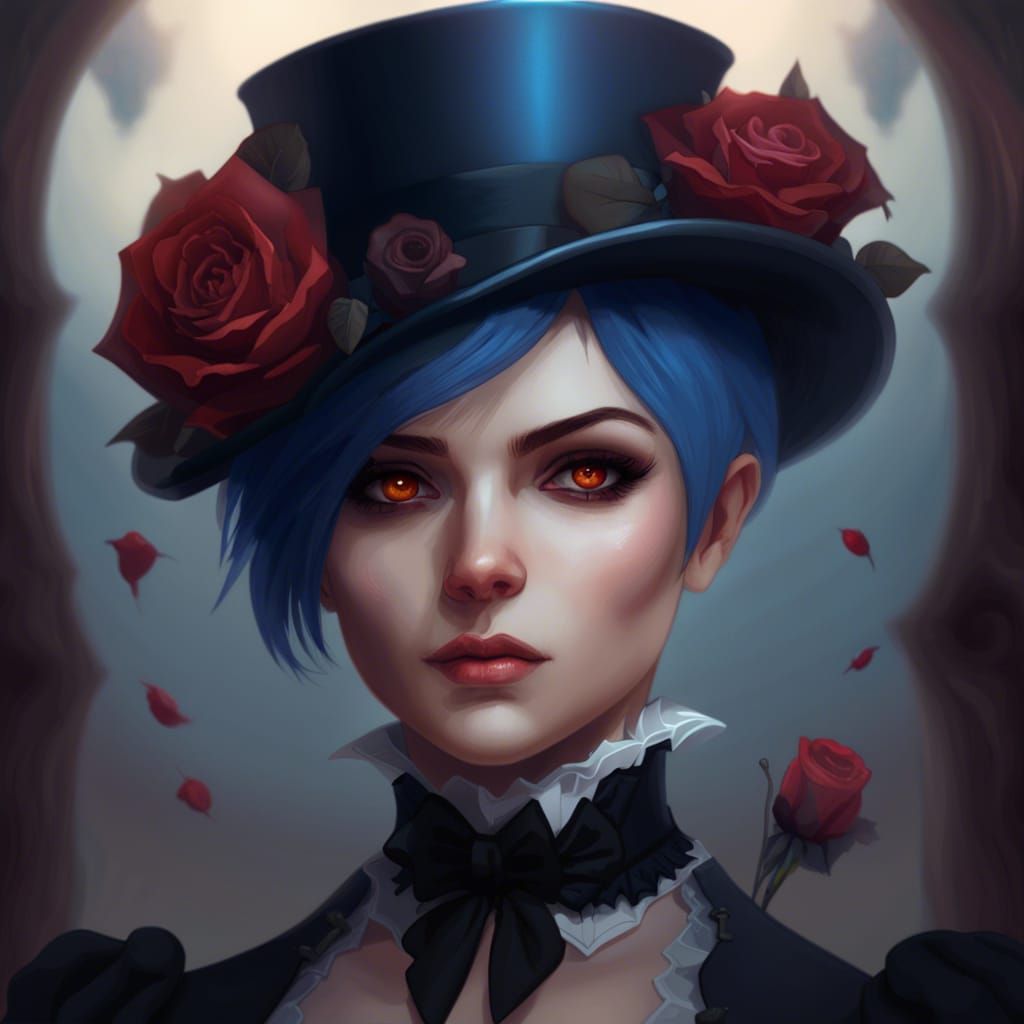 young woman, red eyes, blue short hair, wearing a victorian suit ...