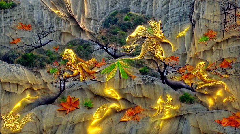 Glowing leafs in trees standing tall. The golden dragon wait...