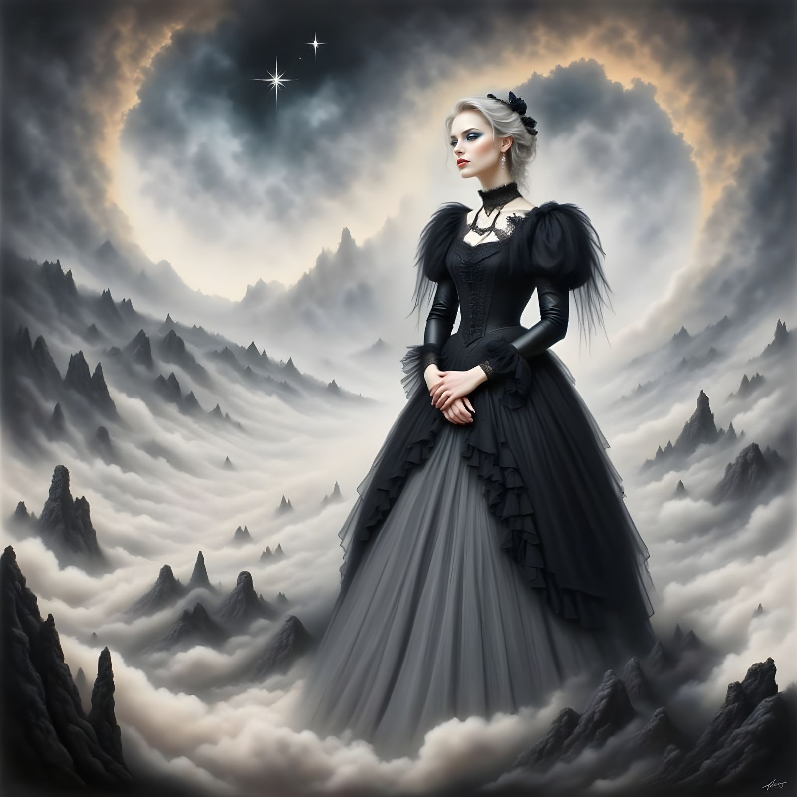 <lora:Gothic Intensity:1.0> <lora:Poetic Intensity:1.0> Oldschool watercolor painting of a woman in a dark landscape, Renaissance Victorian,...
