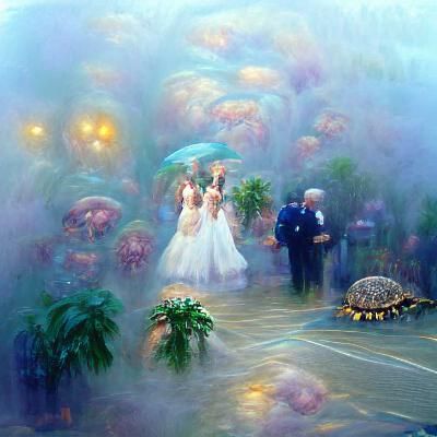 A wedding day under the water. Jellyfish and turtles swimmin...