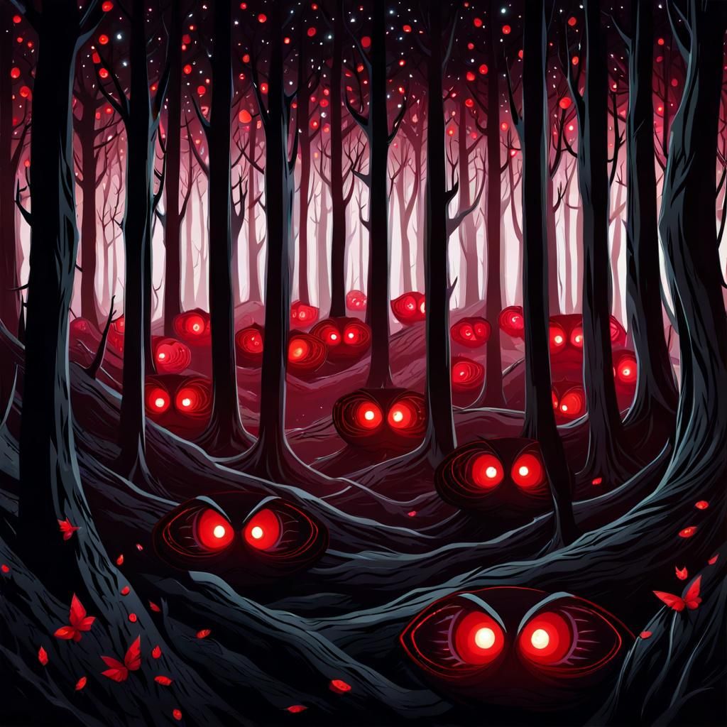 many red eyes glowing in the dark forest, dark trees