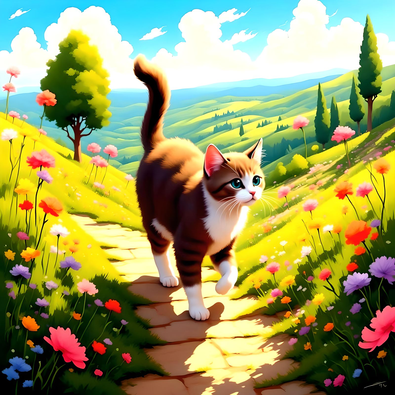 <lora:Catgirl1-F:1.0> cute cat walking on breezy hilltop pat...