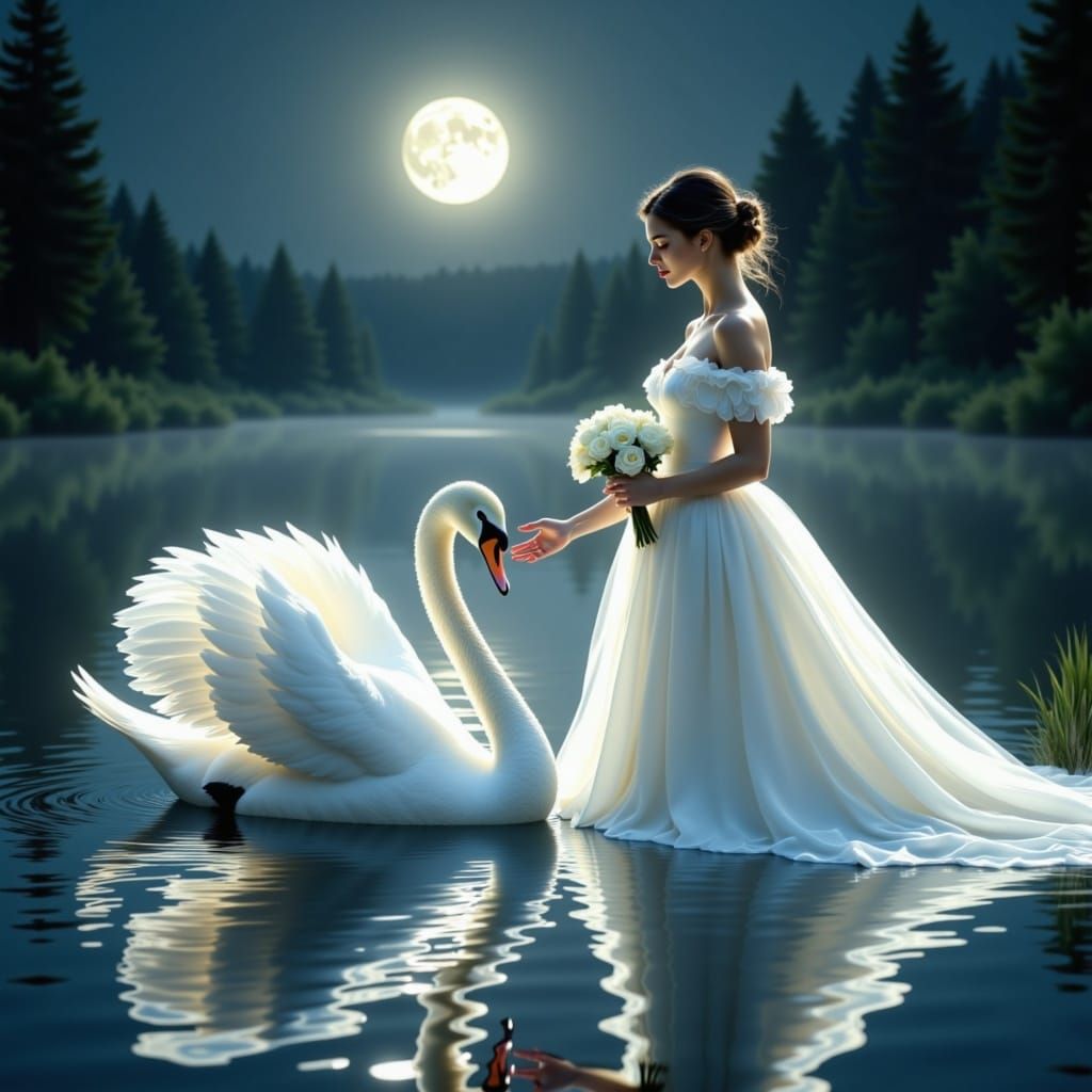White swan near the border of a lake aproaching to a maidne on silk white that caress him with some white rose. <lora:The Swan of Red:1.0>