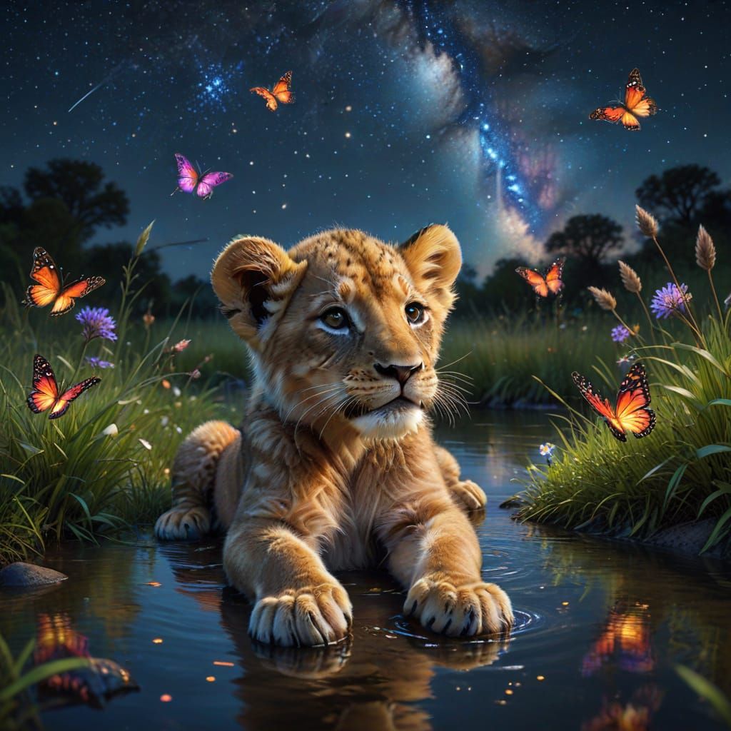 Create a hyper-realistic image of a lion cub lounging on its back by a serene river under a starry night ...  by @Alex