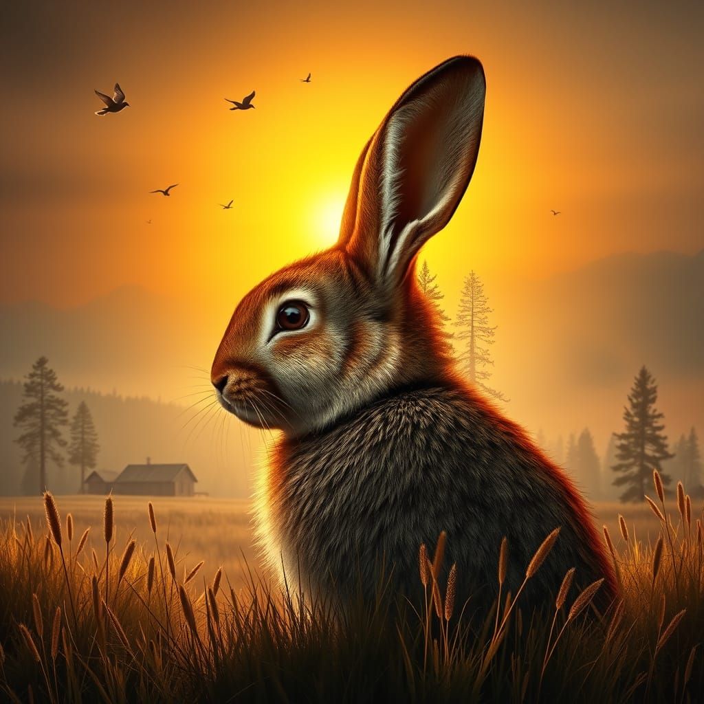 Majestic Bunny Blends into Golden Sunset Meadow
This image features a detailed bunny profile merging ...  by @Elviira 