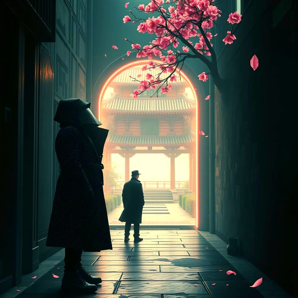 A futuristic cyberpunk detective stands in a dimly lit alleyway, emerging from a shimmering portal that leads to a tranquil, ancient Zen gar...