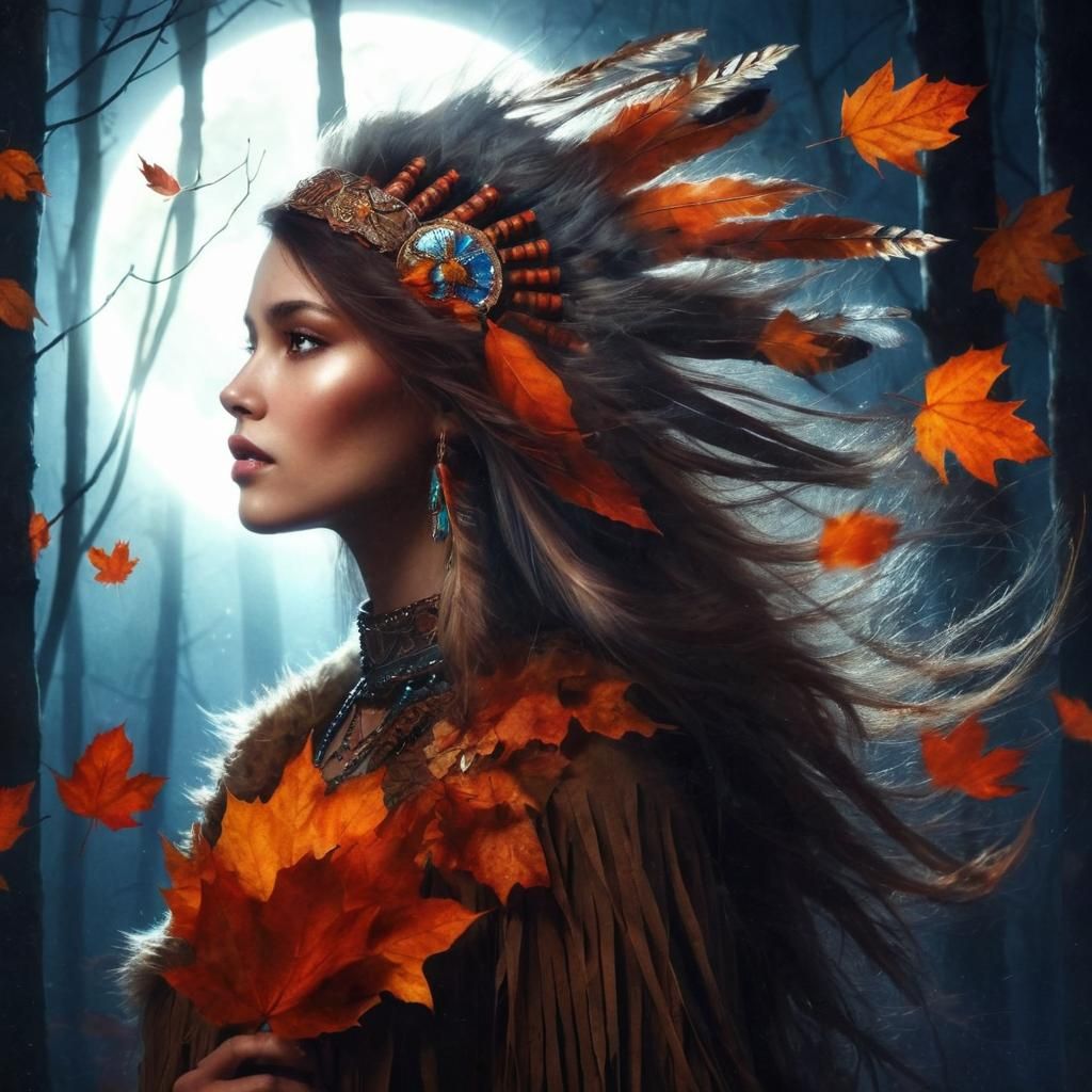 Native American woman with wind-swept hair and autumn leaves