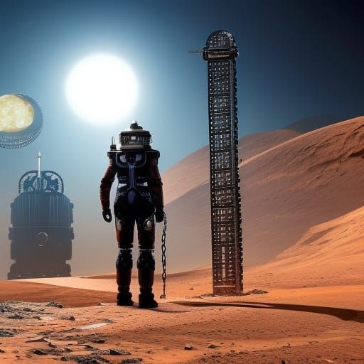 Gas station on Mars with steampunk cyborg attending spaceshi...
