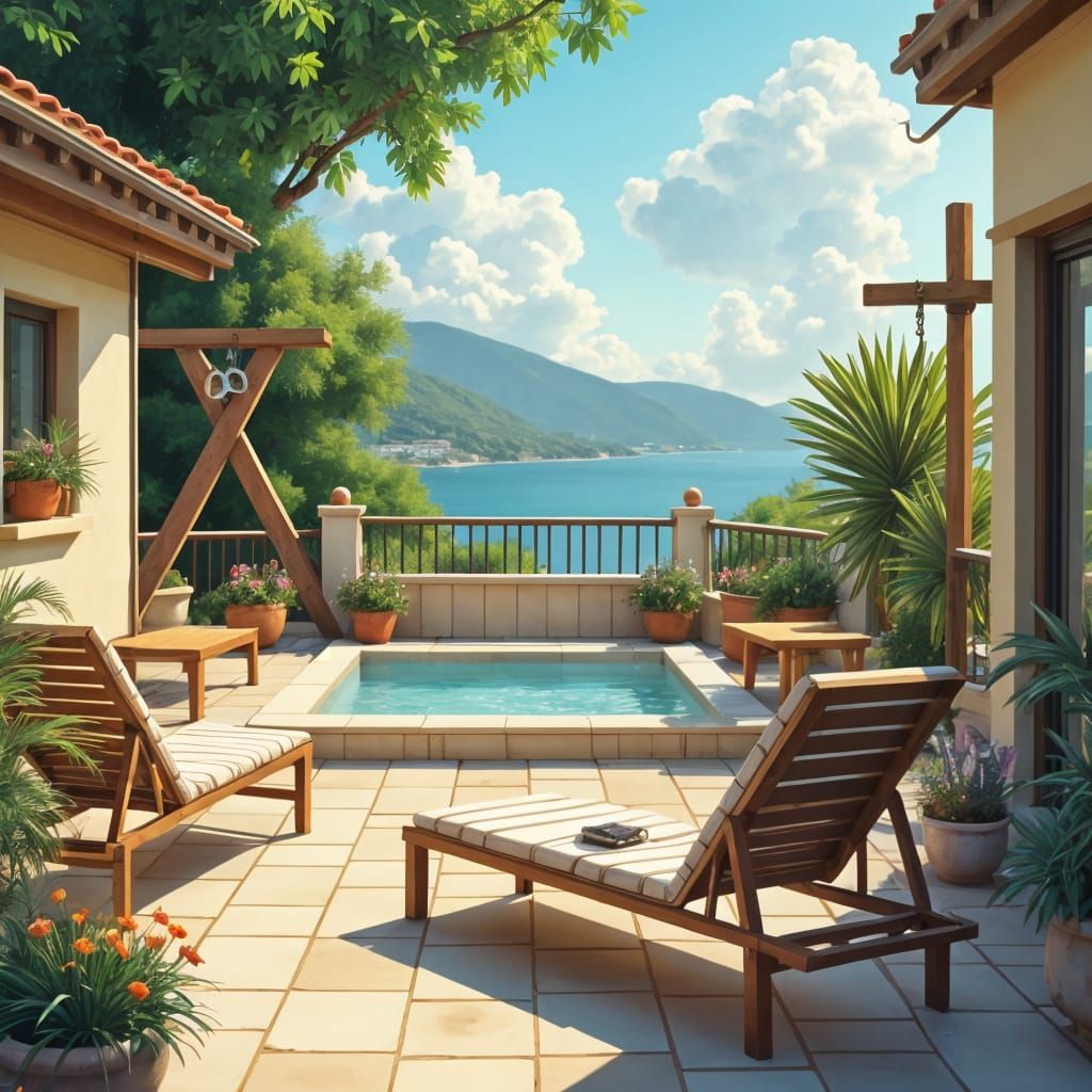 A sunny terrasse, with deckchairs on the left, a jacuzzi on the back, a confortable outdoor couch. On the back left, a wooden cross like an...