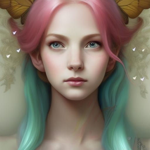Ethereal Elf Portrait with Peach Hair and Butterflies