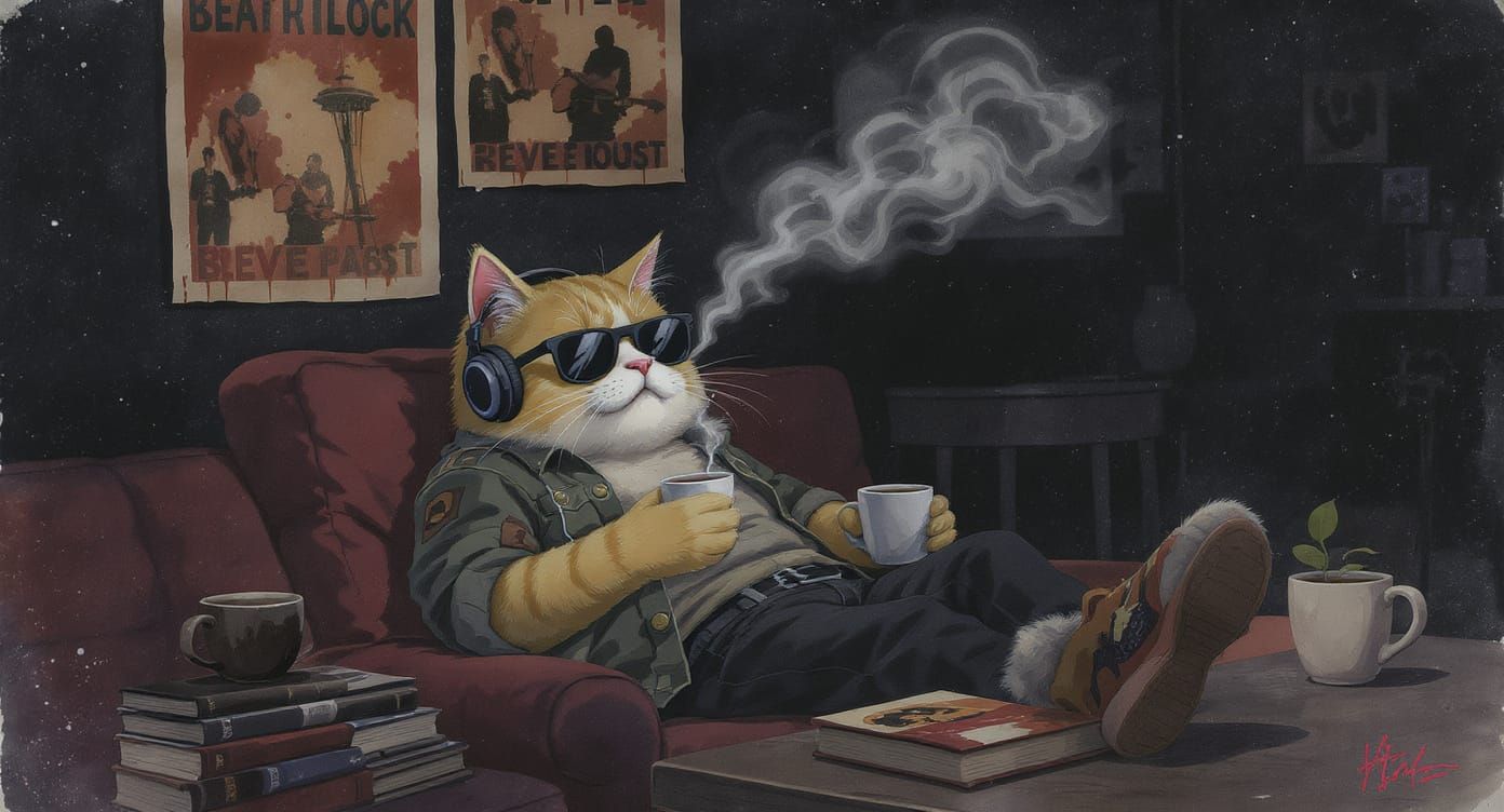 A Generation X cat relaxing with coffee, books, and a grungy ...  by @Solfreedom