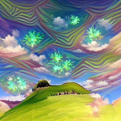 Shimmering Kaleidoscopic Sky over a Grassy Green Hill