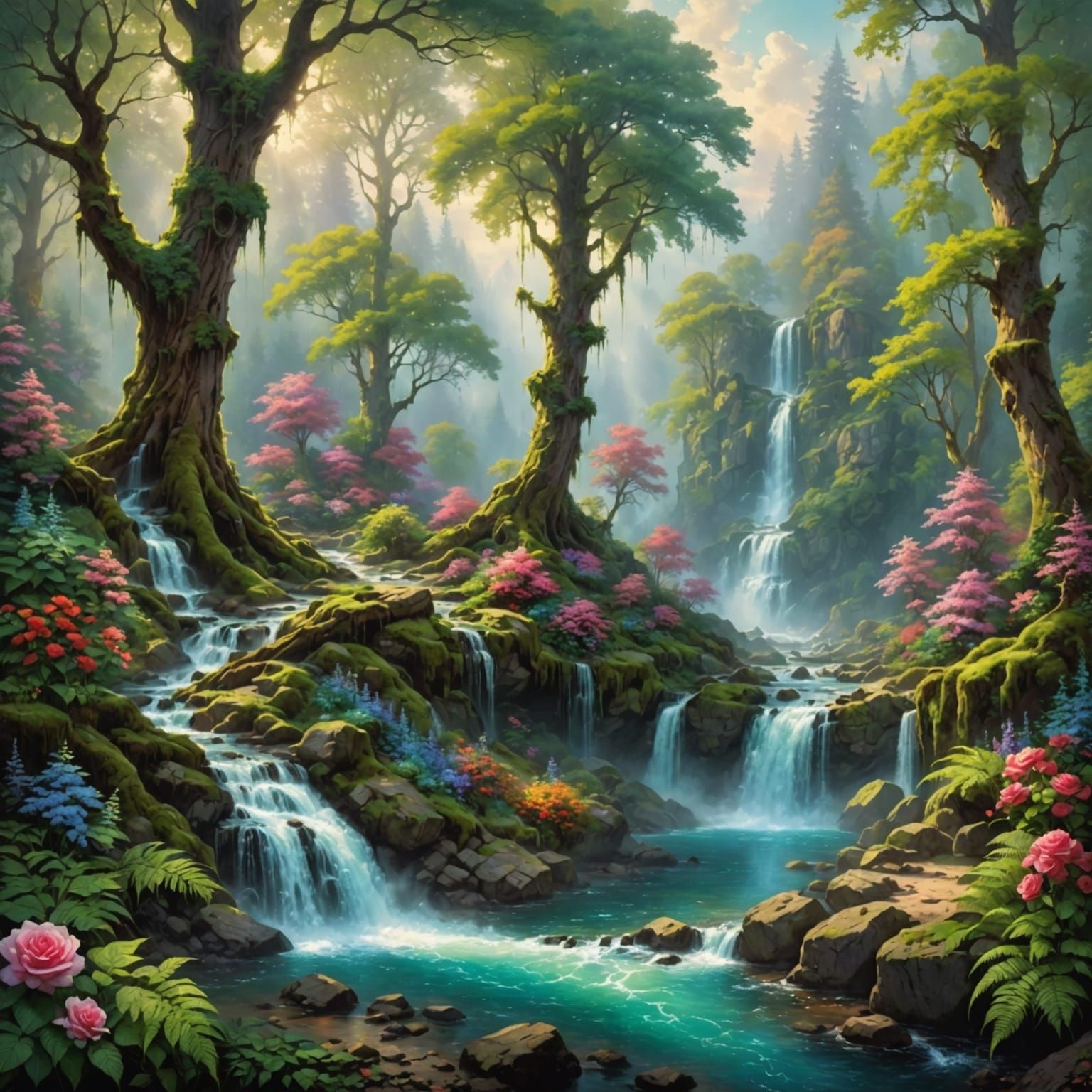  Most beautiful forest beautiful old trees and with waterfalls and flowers and ferns and roses.  realistic painting.  ethereal fantasy hyper...