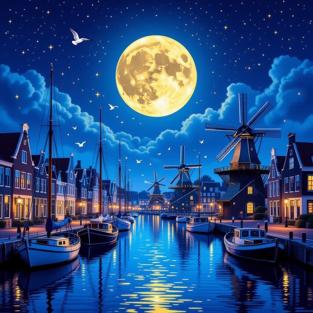 Picturesque Dutch Harbor at Night with Sailboats