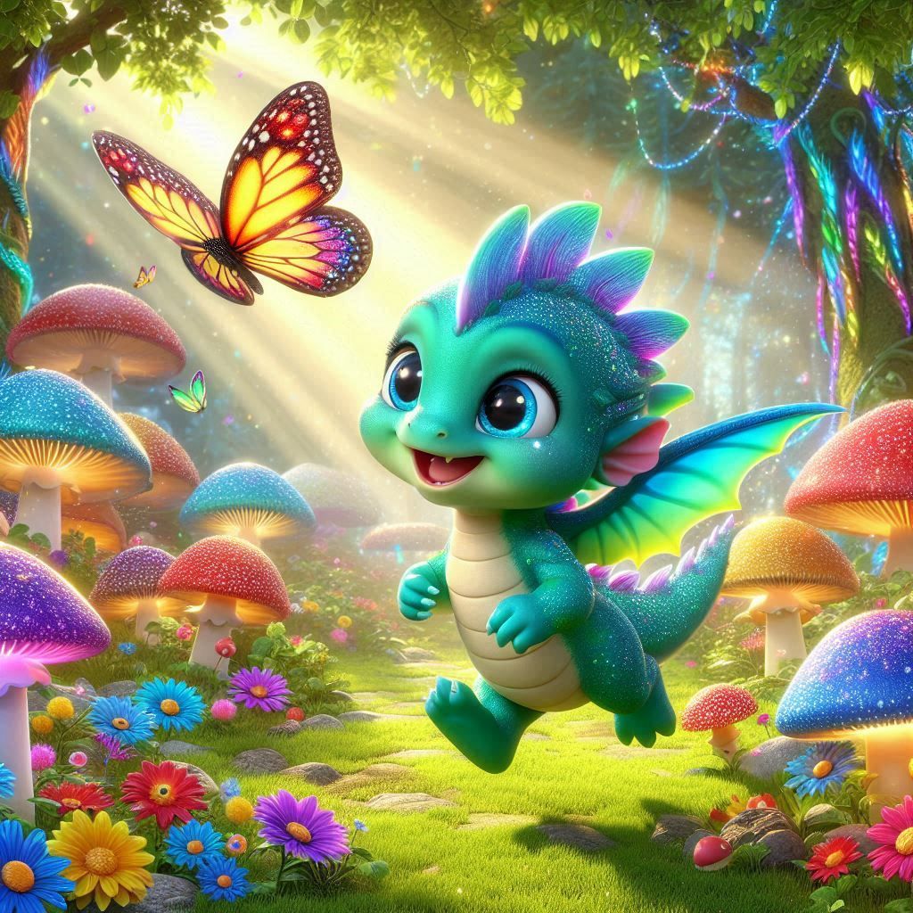 Baby dragon happily chasing a butterfly