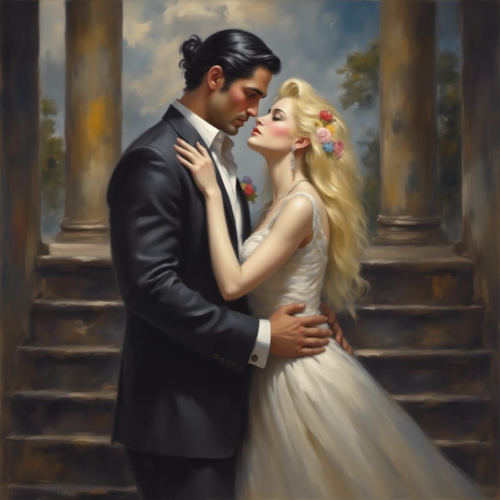 "This is a nice spin"

<lora:Romance Novel Cover:1.0> Two women find safety in each others arms hiding in darkened stairway entwinded and share a gentle kiss in th...