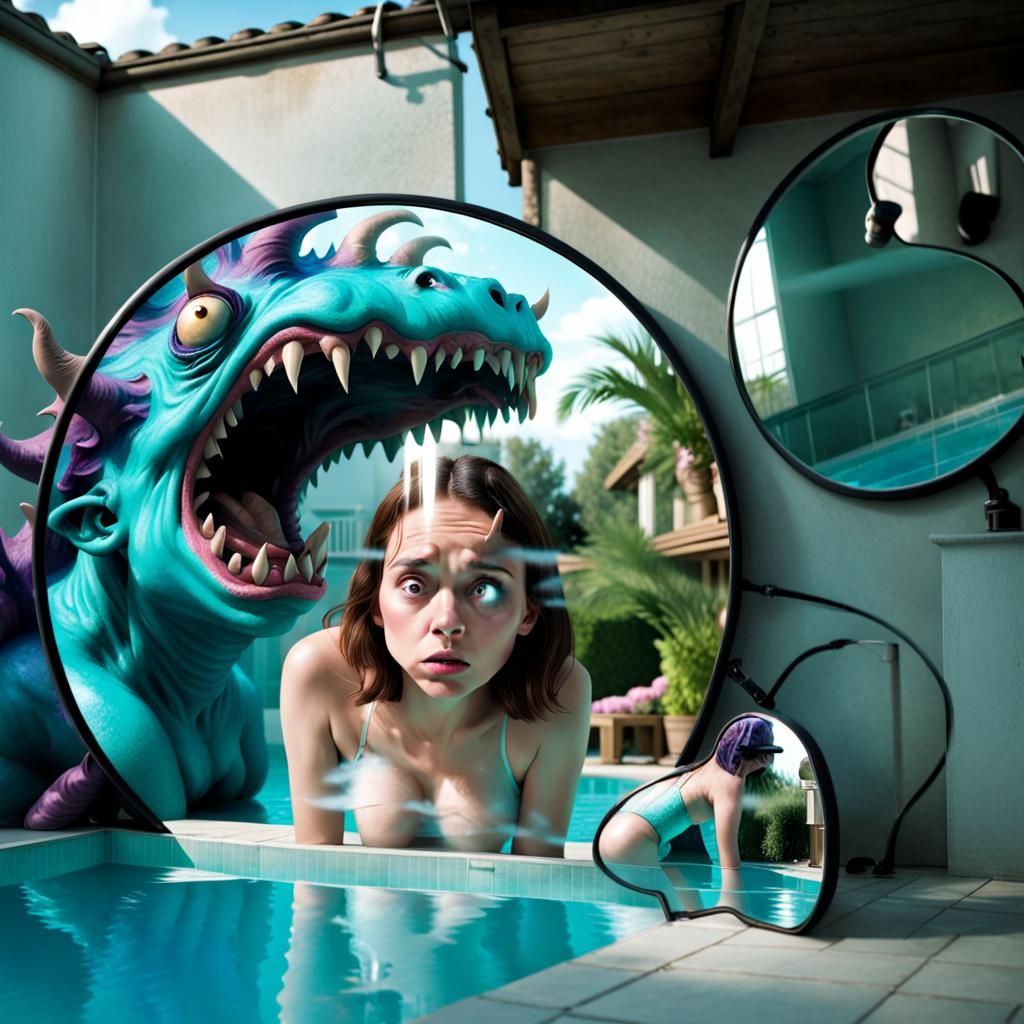 A woman gazing into a pool, seeing her reflection as a hideo...