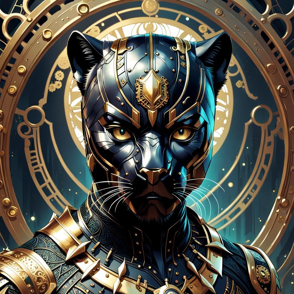 Steampunk Black Panther with Golden Outlines