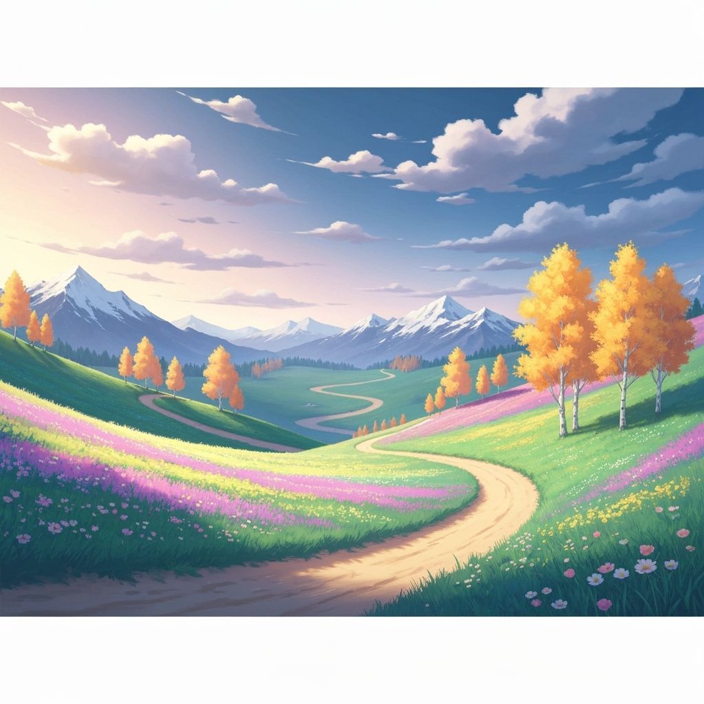 Winding Path Through Dreamlike Landscapes in Anime Style
