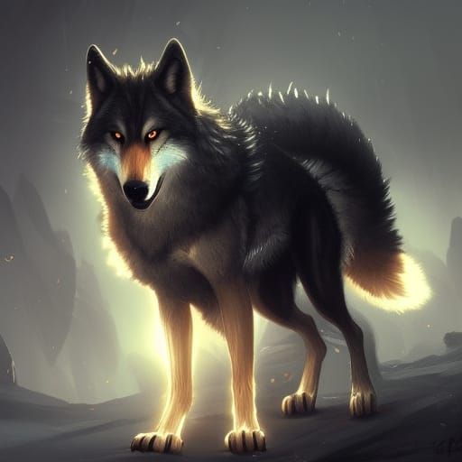 female wolf with red eyes and a clean clear golden black coa...