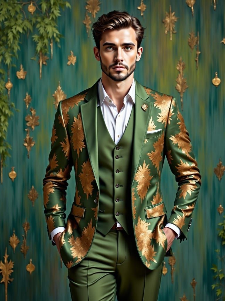 handsome man wearing green damask suit <lora:Male portrait II:1.0>  handsome