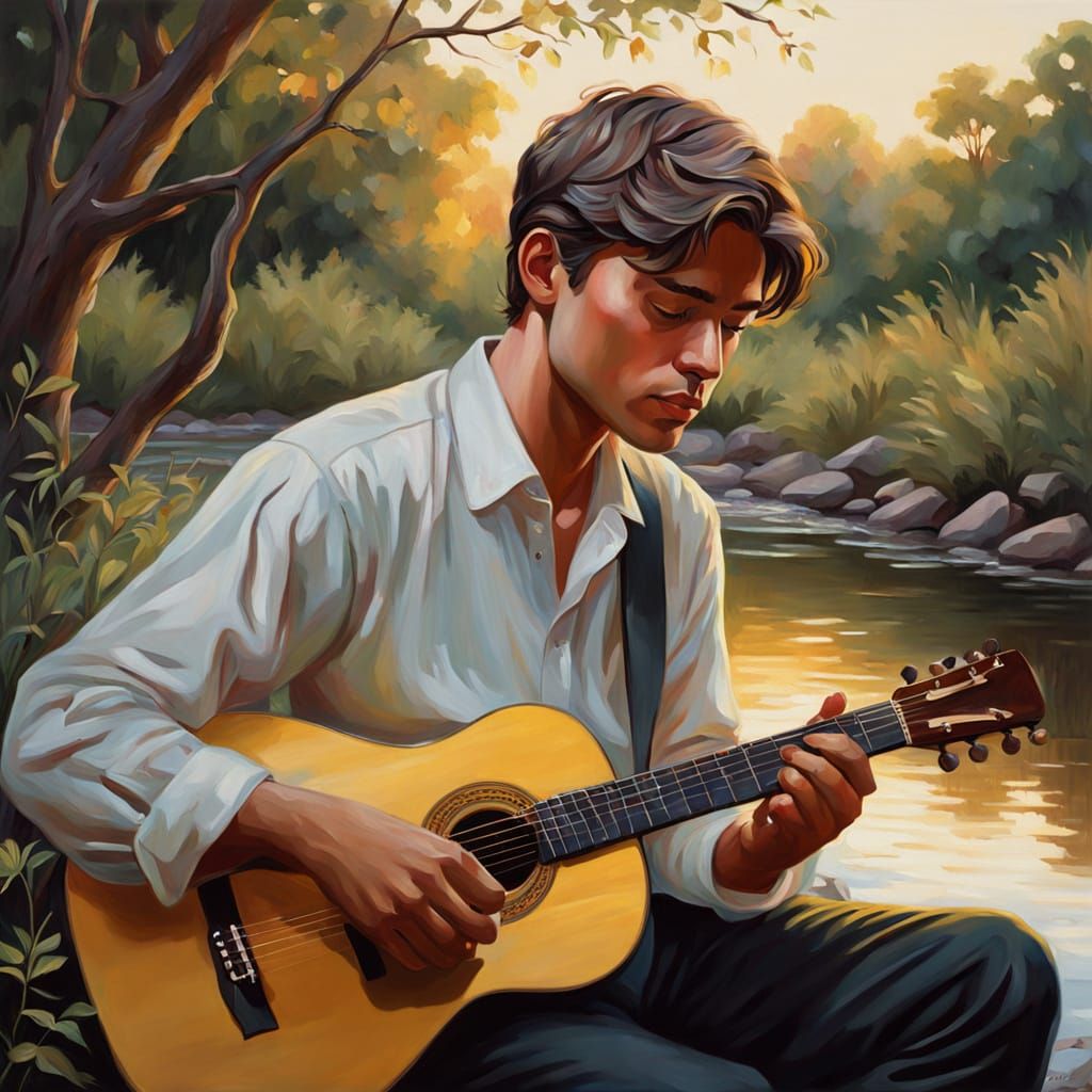 Man Playing Guitar by Stream in Golden Hour