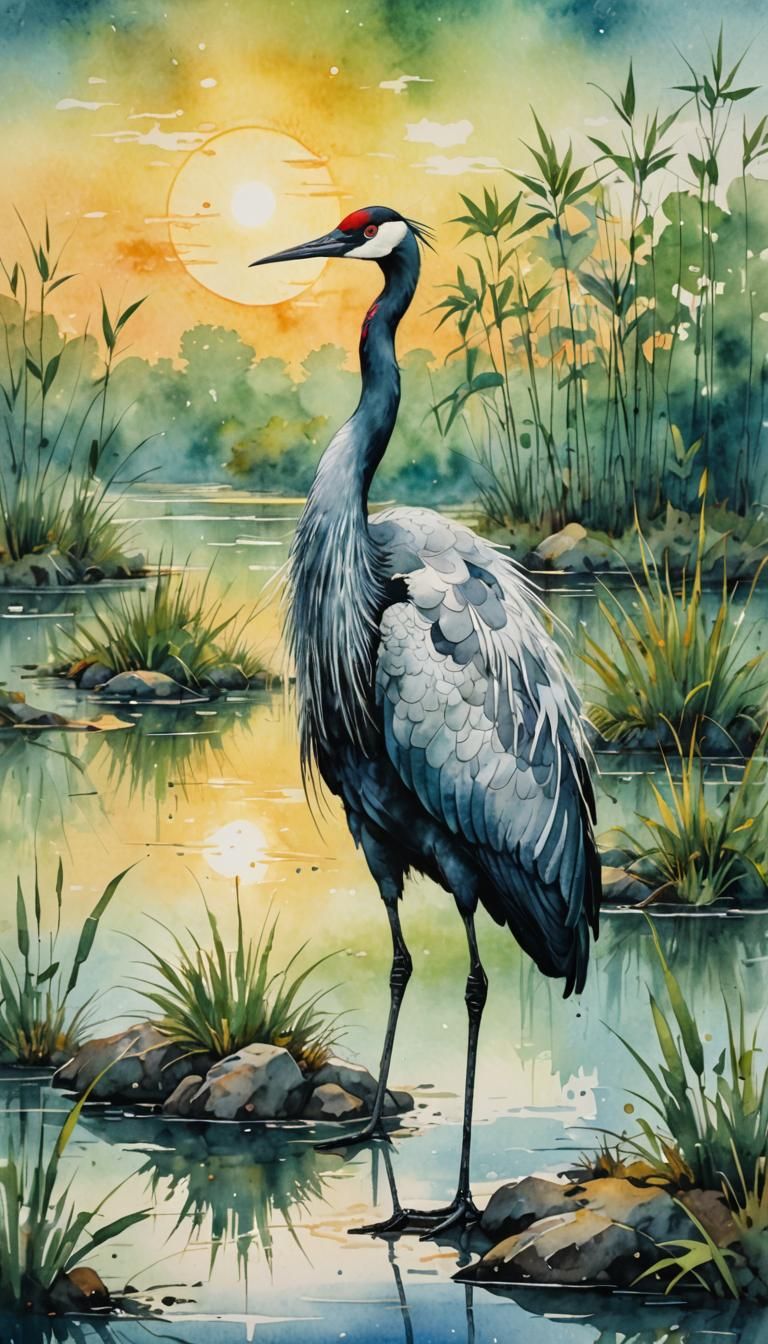 Painting of one Asian Oriental crane standing on a rock, a watercolor painting, modern European ink painting, ...  by @D0npen