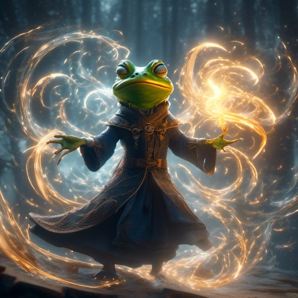 A masterpiece, a volumetric view of a whimsical wizard, conjuring spells of swirling magic patronus frog, made of magic swirls, reflective,...