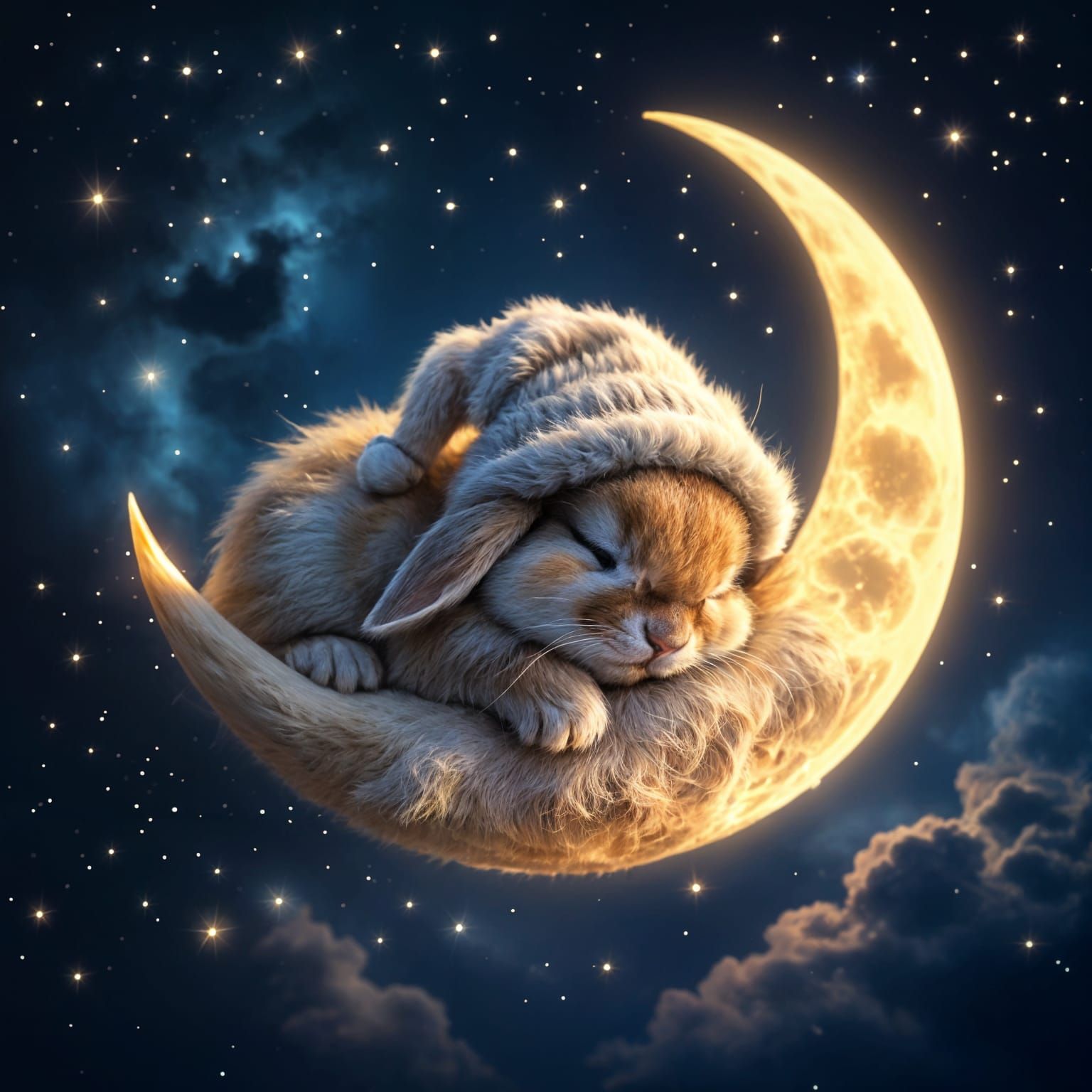 Fluffy Rabbit Slumbers on Moon in Starry Cosmos