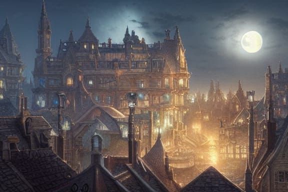 moonlight nightscape; a whimsical fantasy steampunk city, rooftops shapeshifting animal humans frolic ... undefined