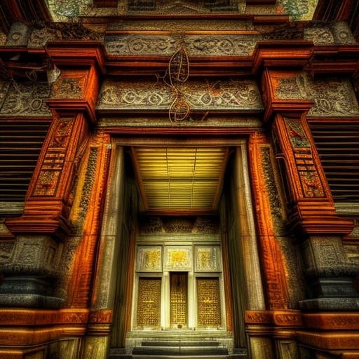 Harmonic sound waves blast a sinister temple intricate detai...