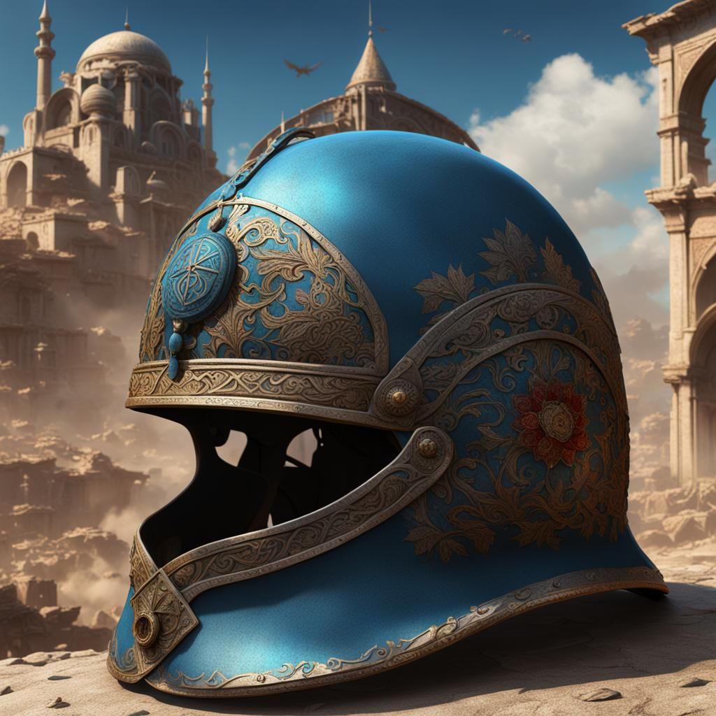 "A military helmet adorned with Turkish motifs damaged by wars acts. In the background, a sky reminiscent ...  by @ale